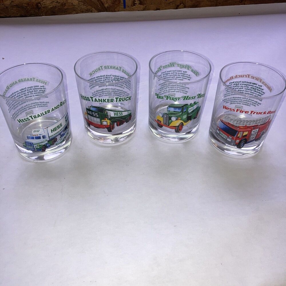 Set of Four 1996 Hess Classic Truck Series Glasses - 4 1/8" Tall LN Condition